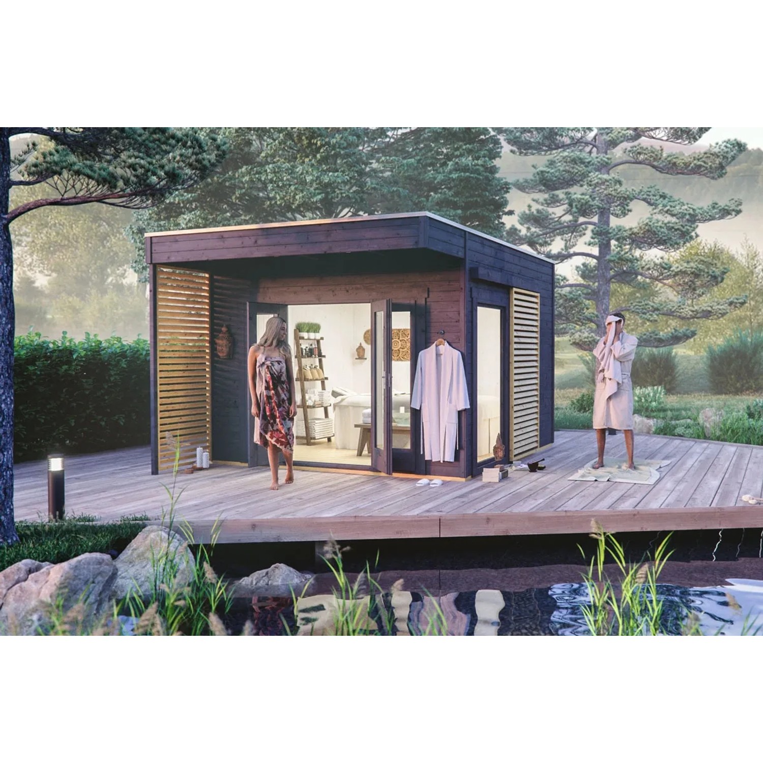 Modernes, schiefergraues Holz-Gartenhaus Tokio von Skan Holz (340x340 cm) mit Flachdach und zwei Personen.