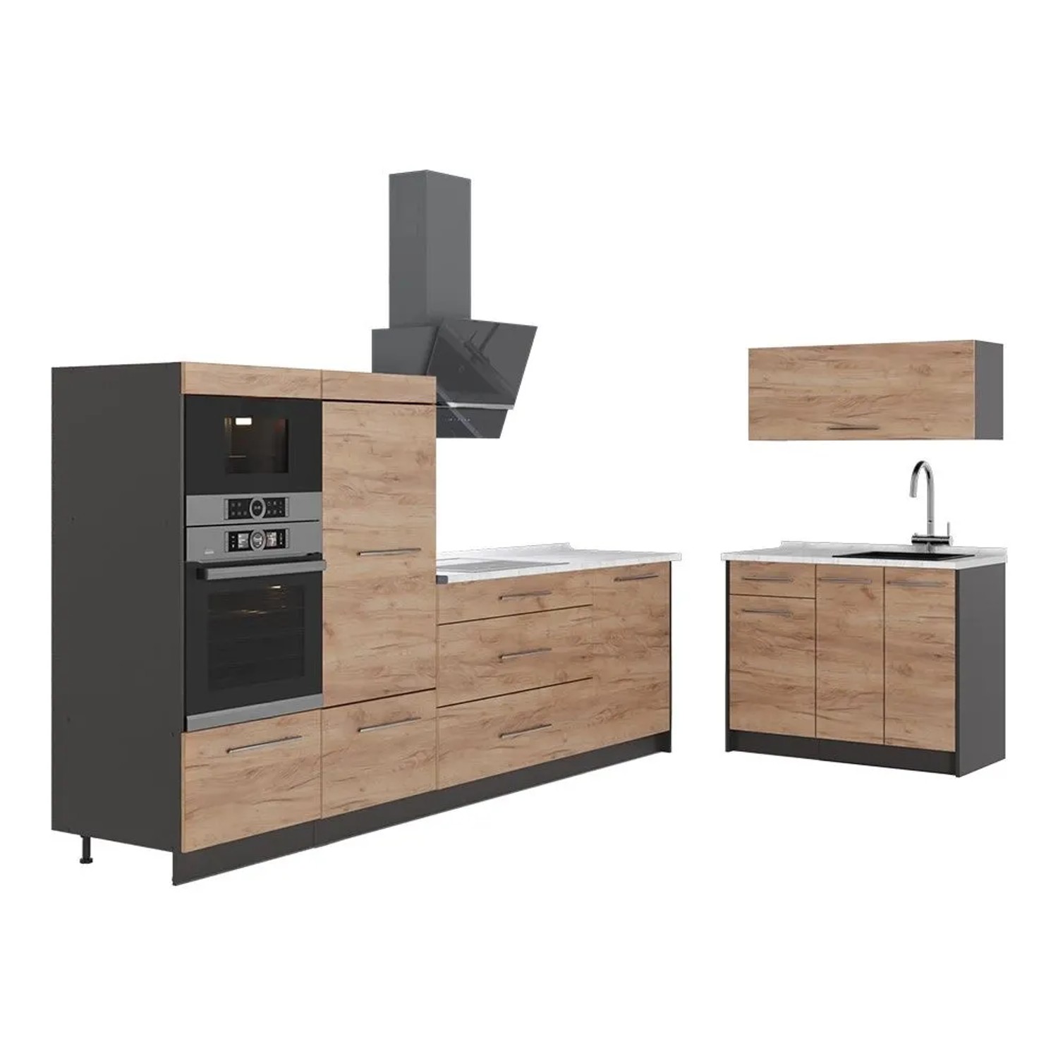 Vicco Küchenzeile Fame-Line Goldkraft Eiche/Anthrazit 380 x 154 AP Marmor Art Nr 64062