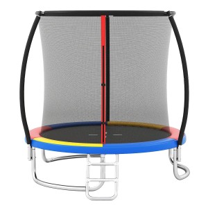 Buntes Costway Gartentrampolin, Ø 244 cm, mit Sicherheitsnetz und Leiter.