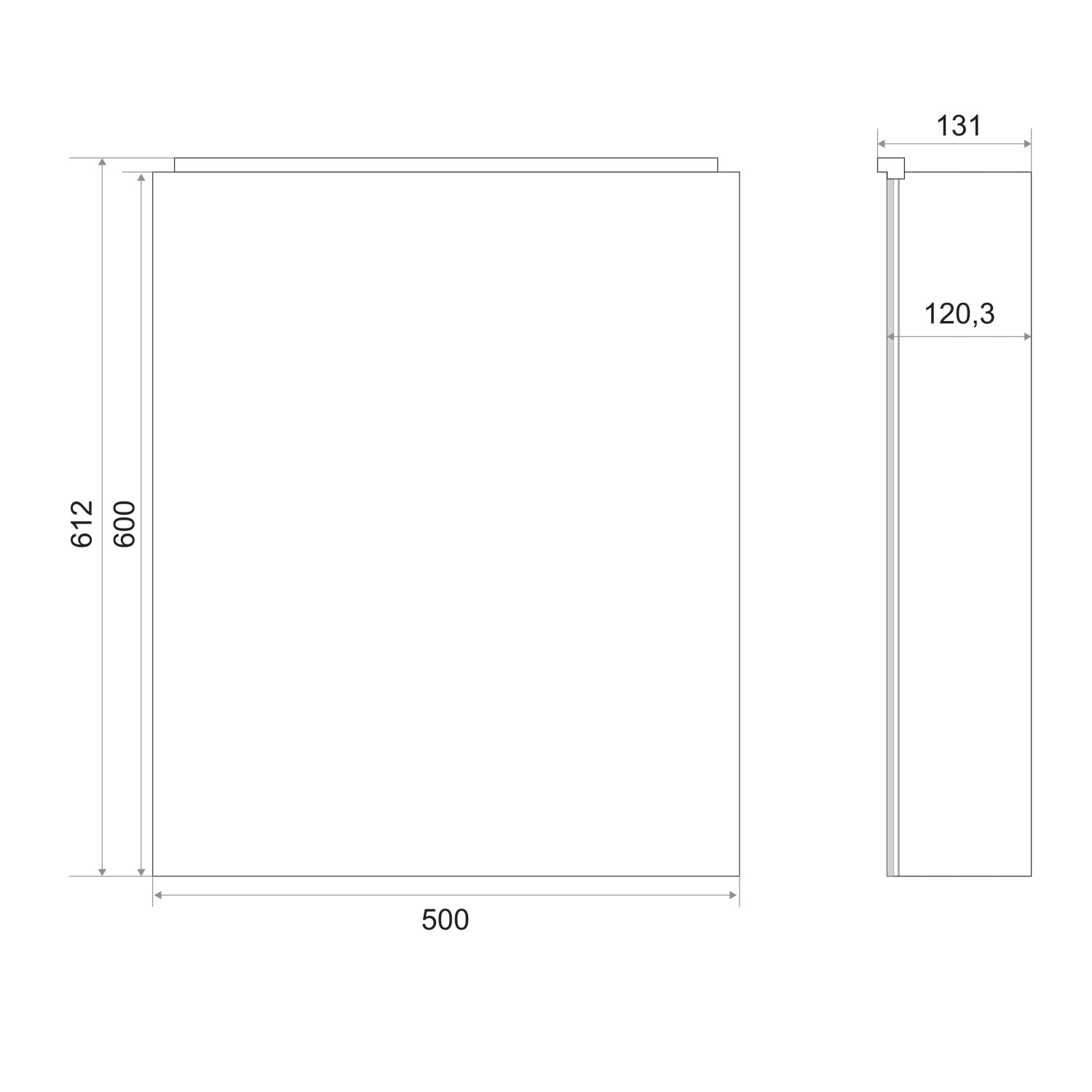 Technische Zeichnung: DSK Spiegelschrank Aluminio Vegas, 50 cm breit, Alufarben. Maße und Details.