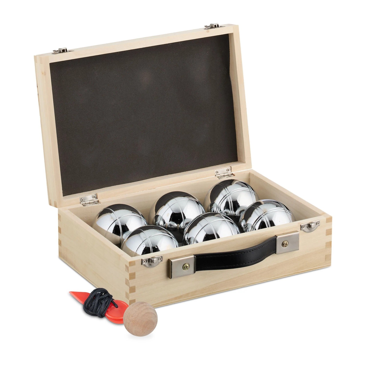 Relaxdays 6 Boule Kugeln Set Stahl Natur Silber Mit Holzkoffer 20 cm x 28 cm x 9 cm 5 kg