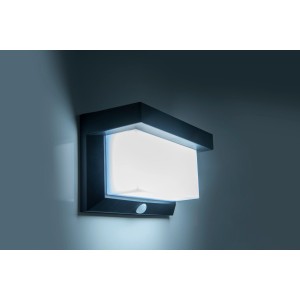 Schwarze LED Solar-Wandleuchte mit Bewegungsmelder, 12 cm, für den Außenbereich.
