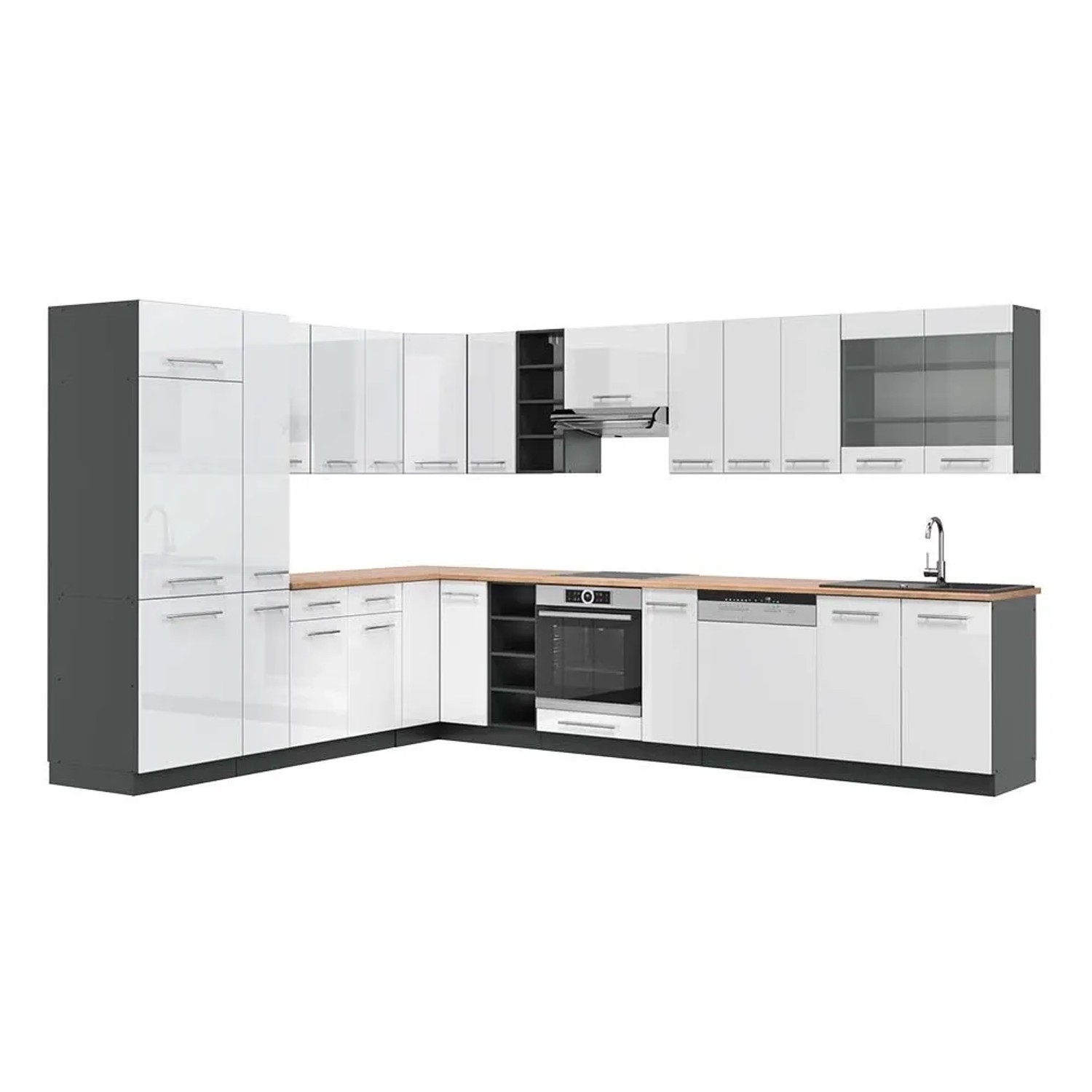 Vicco Eckküche Fame-Line Weiß Hochglanz/Anthrazit 347 x 82, AP Eiche