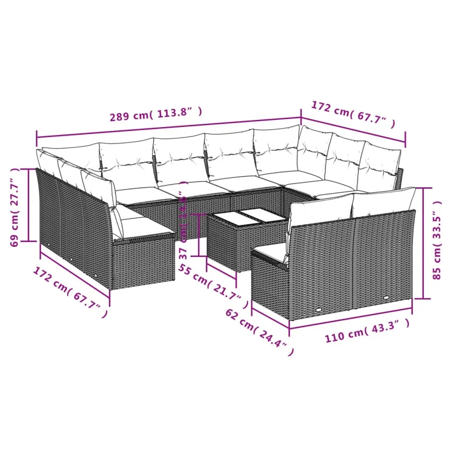 vidaXL Garten-Sofagarnitur, 12-teilig, braunes Poly Rattan mit Kissen, Maße eingezeichnet.