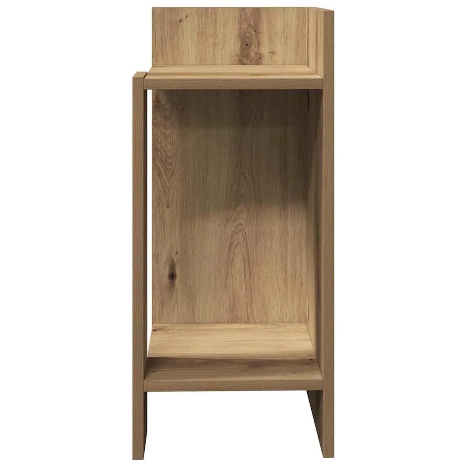 Moderner Beistelltisch Artisan-Eiche aus Holzwerkstoff mit offener Ablage. Funktionaler Nachttisch mit Regal.