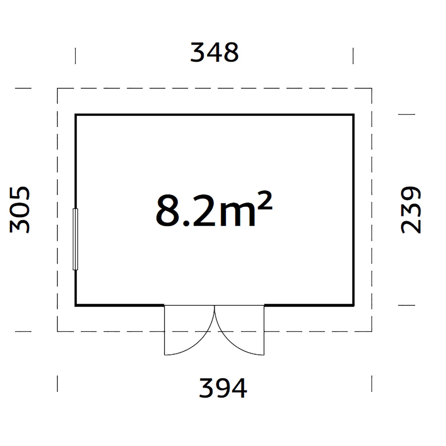 Grundriss Palmako Gerätehaus Stig 8,2 m²: Maße und Türposition des Holz-Gartenhauses.