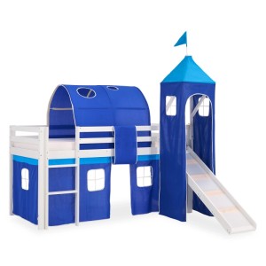 Homestyle4u Hochbett 90x200 weiß mit blauem Tunnel, Rutsche und Turm. Kinderbett aus Kiefernholz.