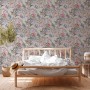 PROFHOME Vliestapete mit Blumenmuster in Grau, Rosa, Orange und Grün im Schlafzimmer.