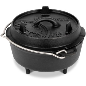 Schwarzer Petromax Dutch Oven FT3 mit Deckel und Henkel, ideal zum Kochen im Freien.