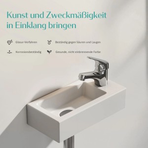 Rechteckiges, hochweißes Emke Wandwaschbecken aus Keramik mit Hahnloch rechts.