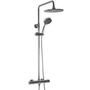 PaulGurkes Duschsystem mit Thermostat, Aufputz-Regendusche und Handbrause in Chrom. Modernes Brauseset.