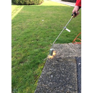 Rothenberger Abflammgerät mit Piezo-Zündung im Einsatz zur Unkrautvernichtung auf Pflastersteinen.