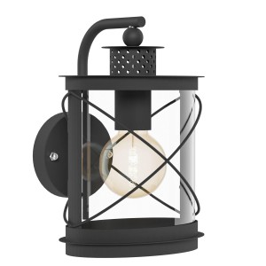 Schwarze Eglo Außenwandleuchte Hilburn 1 im Antik-Look mit klarem Glas und E27 Fassung.