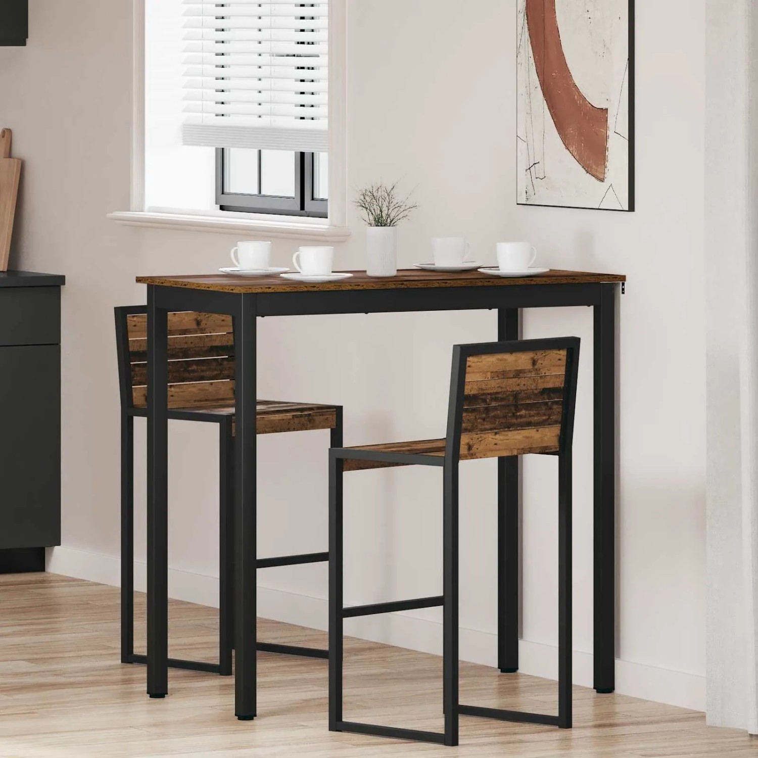 vidaXL Esstisch aus Holzwerkstoff, rechteckig, mit schwarzen Metallbeinen und zwei passenden Barhockern.