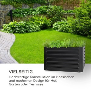Blumfeldt High Grow Straight Hochbeet, anthrazitfarben, quadratisch, im Garten mit Bepflanzung.