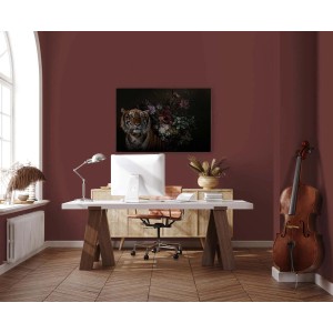 Wandbild Tiger und Blumen auf Leinwand in Schwarz und Lila. Dekoration für Wohnzimmer und Schlafzimmer.
