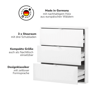 Weiße mokebo Kommode mit 3 Schubladen, ideal als Sideboard oder Nachttisch.