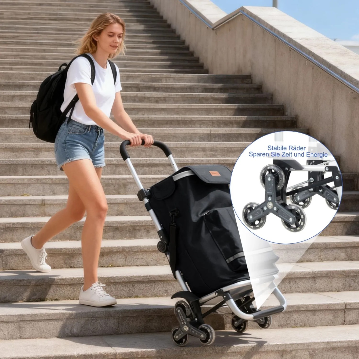 Sekey 3-in-1 Einkaufstrolley Treppensteiger schwarz mit Kühlfach auf Treppe.