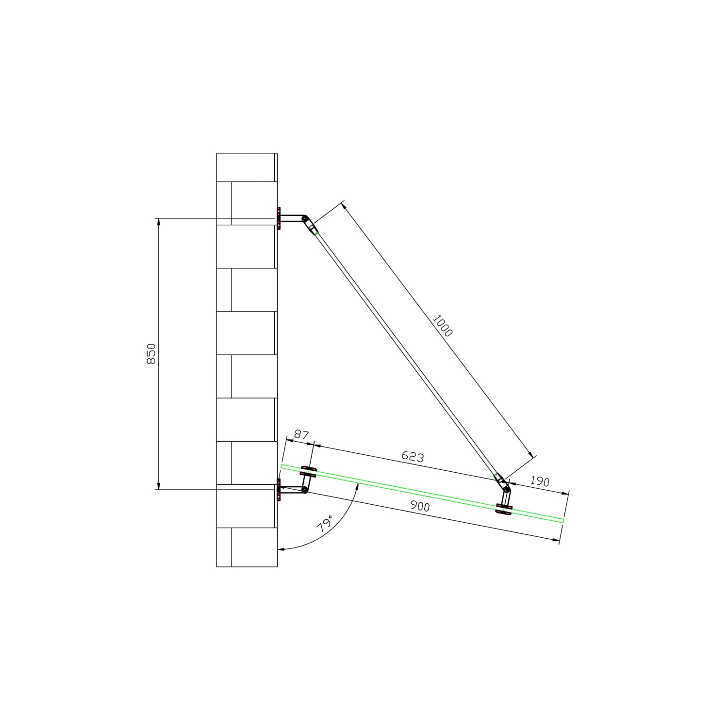 Technische Zeichnung: Dein Bau Projekt Glasvordach Olymp Klarglas VS-Glas 250x120 cm mit Maßen.