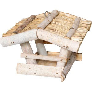 Vogelfutterhaus aus Birke mit Reisigdach, 19x24 cm, mit Haken zum Aufhängen.