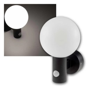 Schwarze ChiliTec LED Wandleuchte LAMU mit weißer Kugel und PIR Bewegungsmelder. Neutralweißes Licht, IP65 für Außenbereich.