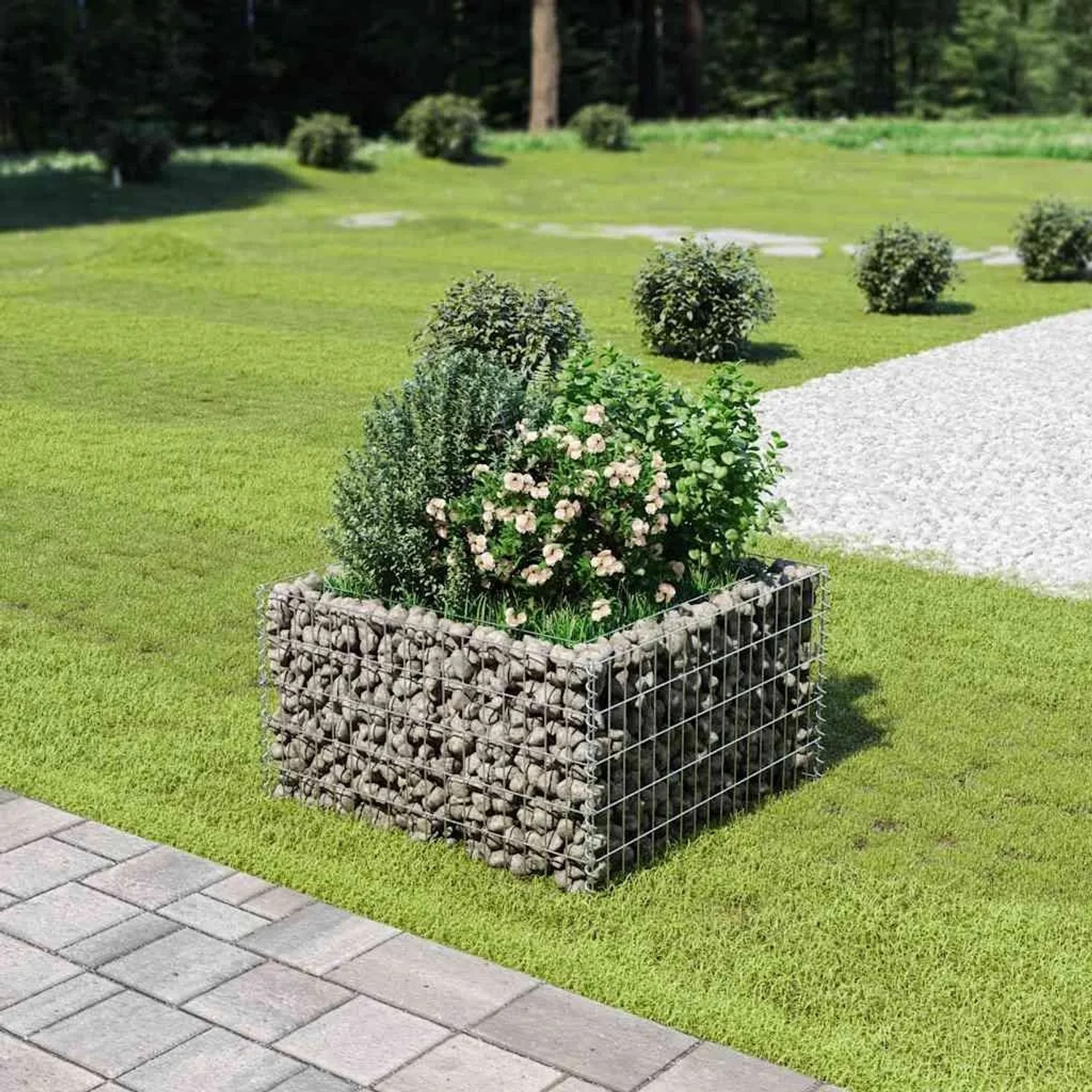 furnicato Gabionen-Hochbeet aus verzinktem Stahl, gefüllt mit Steinen und bepflanzt.