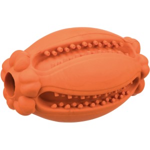 Orangefarbener Jollypaw Rugbyball aus Naturgummi, ein robustes Apportierspielzeug für Hunde.
