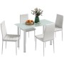 Weiße Essgruppe mit Kunstleder-Stühlen und Tisch mit Glasplatte. Modernes Design für 4 Personen.