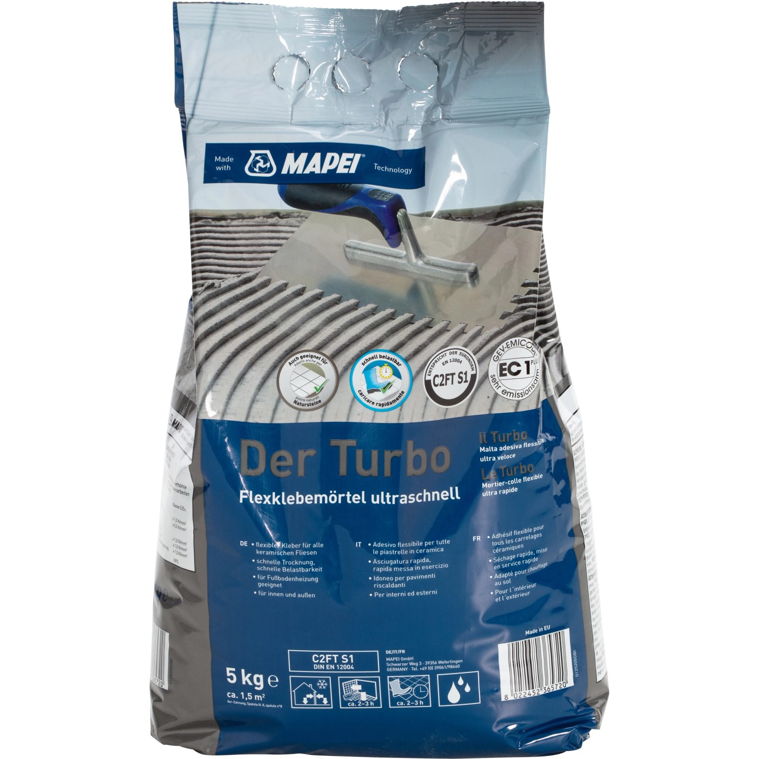 Sack Mapei Turbo Flexmörtel, schnell erhärtend, 5 kg, geeignet für Fliesen und Fußbodenheizung.