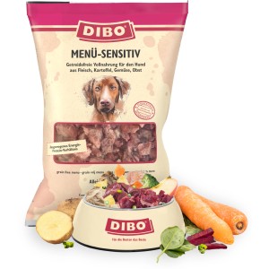 Dibo Hunde-Barf Menü Sensitiv 2kg: Getreidefreies Frostfutter mit Fleisch, Gemüse und Obst im Napf.