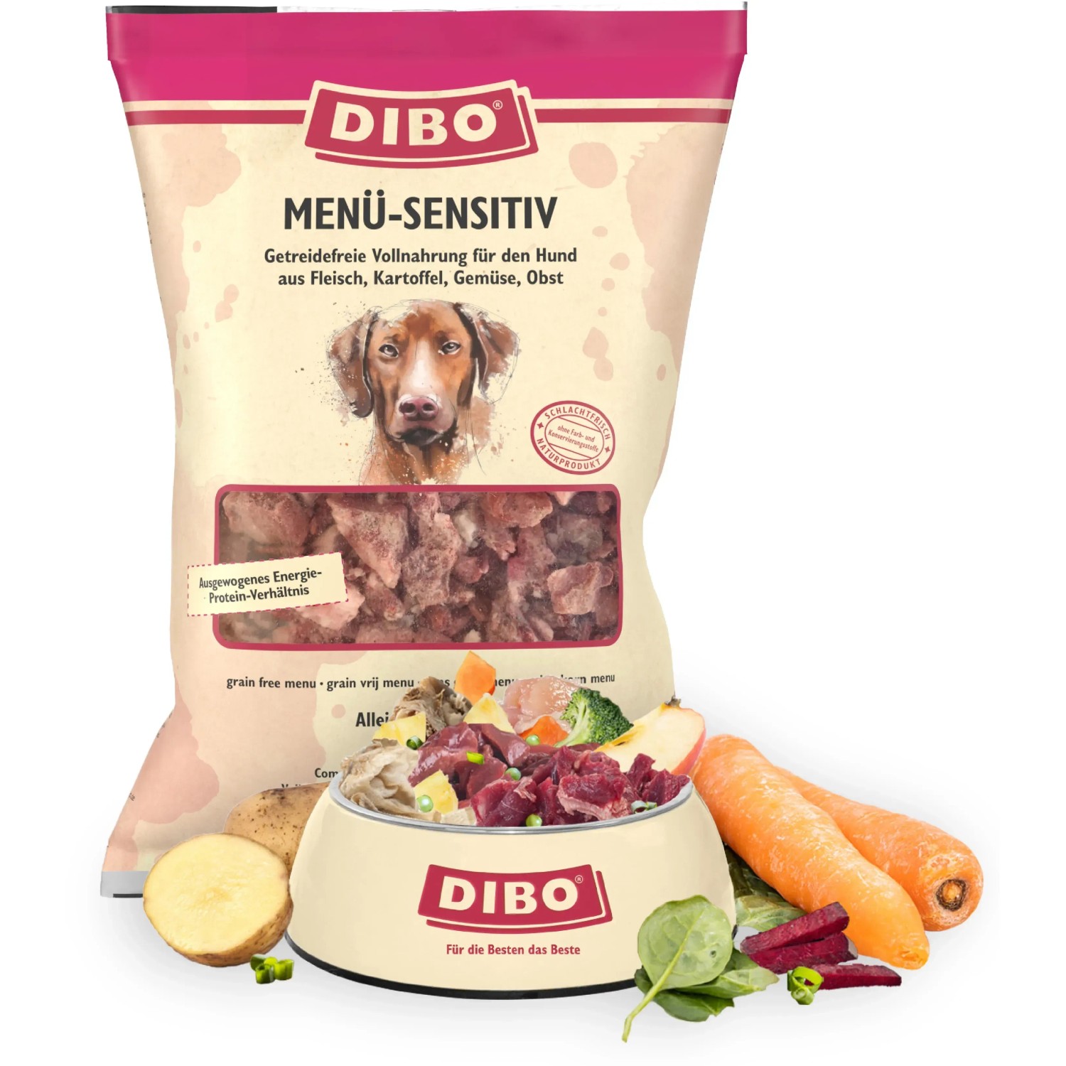 Dibo Hunde-Barf Menü Sensitiv 2kg: Getreidefreies Frostfutter mit Fleisch, Gemüse und Obst im Napf.