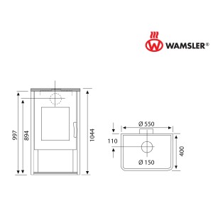 Technische Zeichnung Wamsler KF 101-OF Kaminofen, Maße und Anschlüsse für Installation.