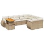 Beige 10-tlg. Garten-Sofagarnitur aus Rattan mit Tisch und cremeweißen Kissen.