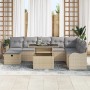 Beiges 9-teiliges vidaXL Garten-Sofa-Set aus Poly Rattan mit Kissen und Stauraum.