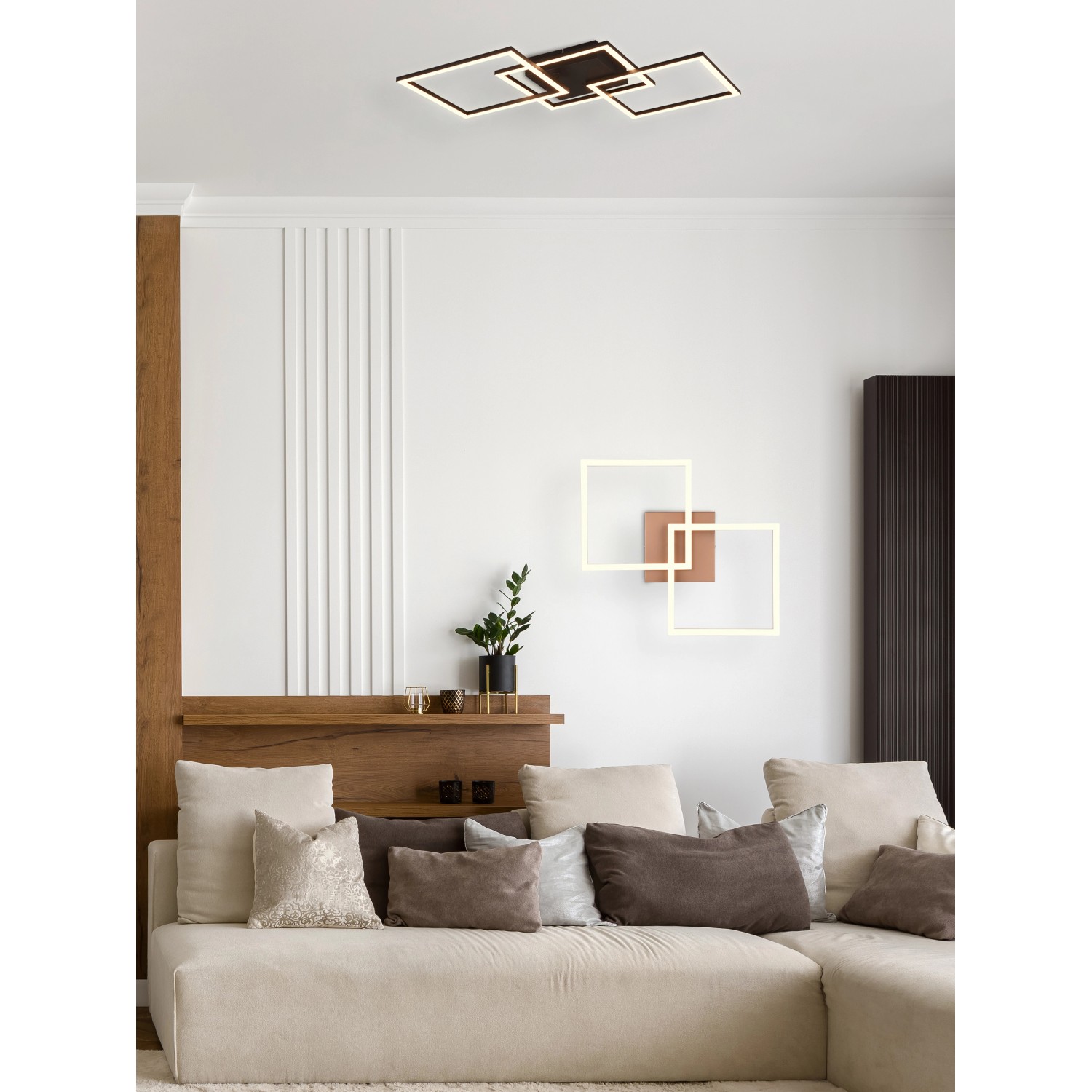 Moderne, titanfarbene LED-Deckenleuchte Trail, 52,6 cm, mit schwenkbaren Elementen im Wohnzimmer.