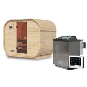 Karibu Fasssauna Quadro 1 Plus mit Ofen (9 kW, extern). Massivholzsauna in naturbelassener Optik.