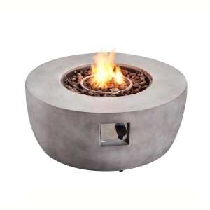 Runde graue Gas-Feuerstelle aus Faux-Beton, 91,5 cm, mit brennender Flamme und Regler. Ideal für Garten & Terrasse.