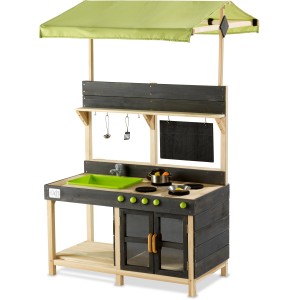EXIT Yummy 300 Outdoor-Spielküche aus Holz mit Markise, Spüle, Herd und Zubehör.