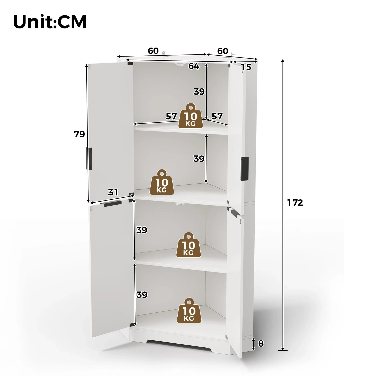 Merax Eckschrank 60x60x172 cm 4 Türen Verstellbare Einlegeböden_5