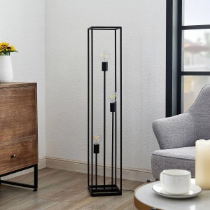 Schwarze Lindby Stehlampe Krisha aus Metall, 3-flammig, im Retro-Design für Wohnzimmer. Offener Rahmen, E27.