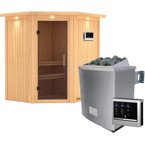 Karibu Sauna Tjorven mit Ofen und Glastür Graphit. Massivholzsauna mit Ofen und Steuerung.