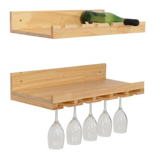 MCW 2er-Set Weinregal aus Kiefernholz für 6 Flaschen und 15 Gläser, Natur