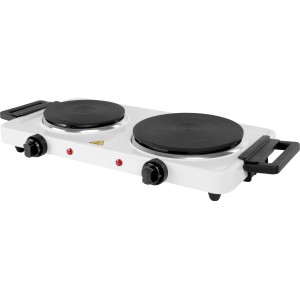 Elektrische 2er Kochplatte mit zwei schwarzen Kochfeldern auf weißem Gehäuse mit Griffen.