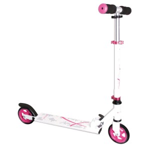 Muuwmi Tretroller, weiß-pink, mit 125 mm Rollen, höhenverstellbar und GS-geprüft.