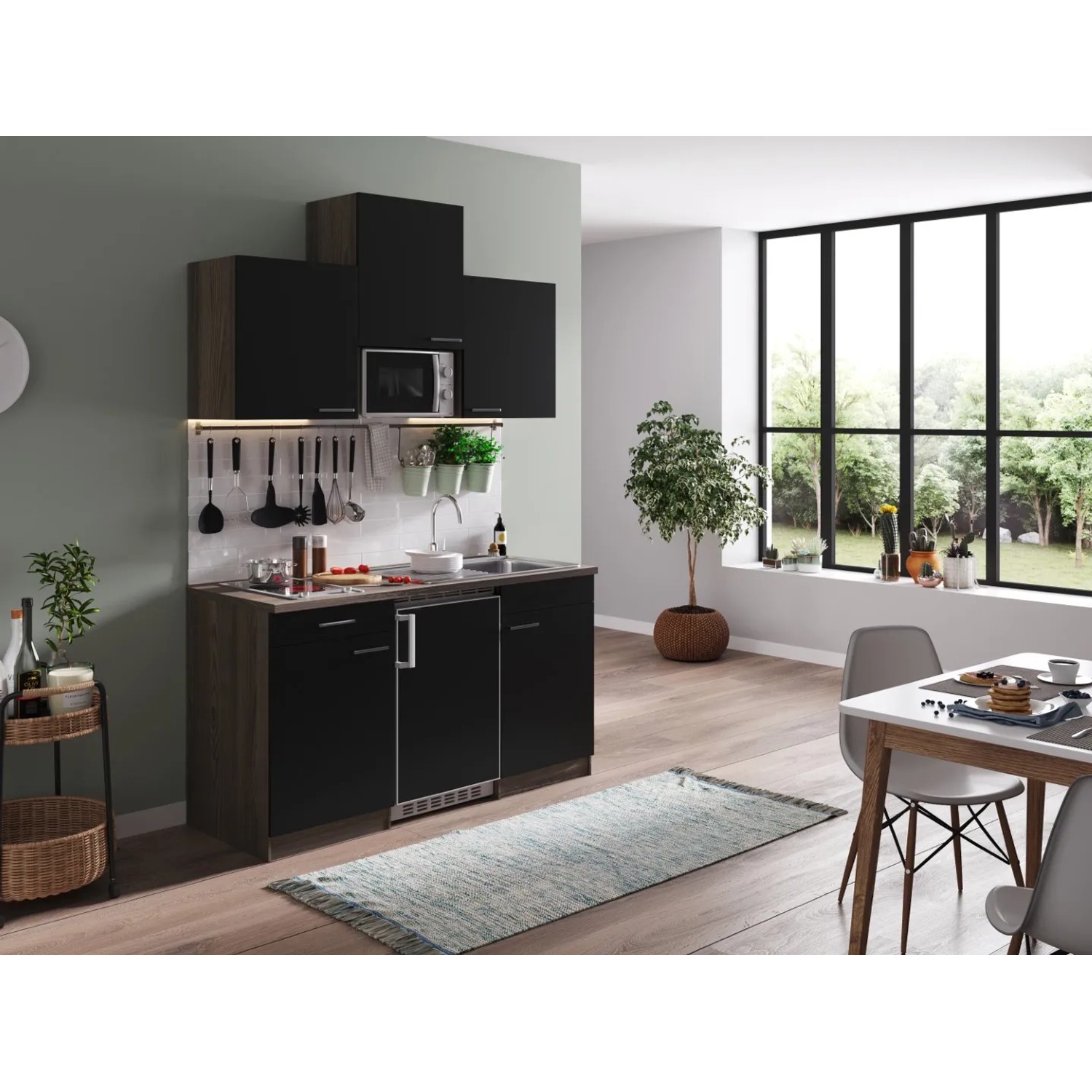 Respekta Küchenzeile KB150EYSMIC, 150 cm, Schwarz und Eiche York Nachbildung mit E-Geräten.