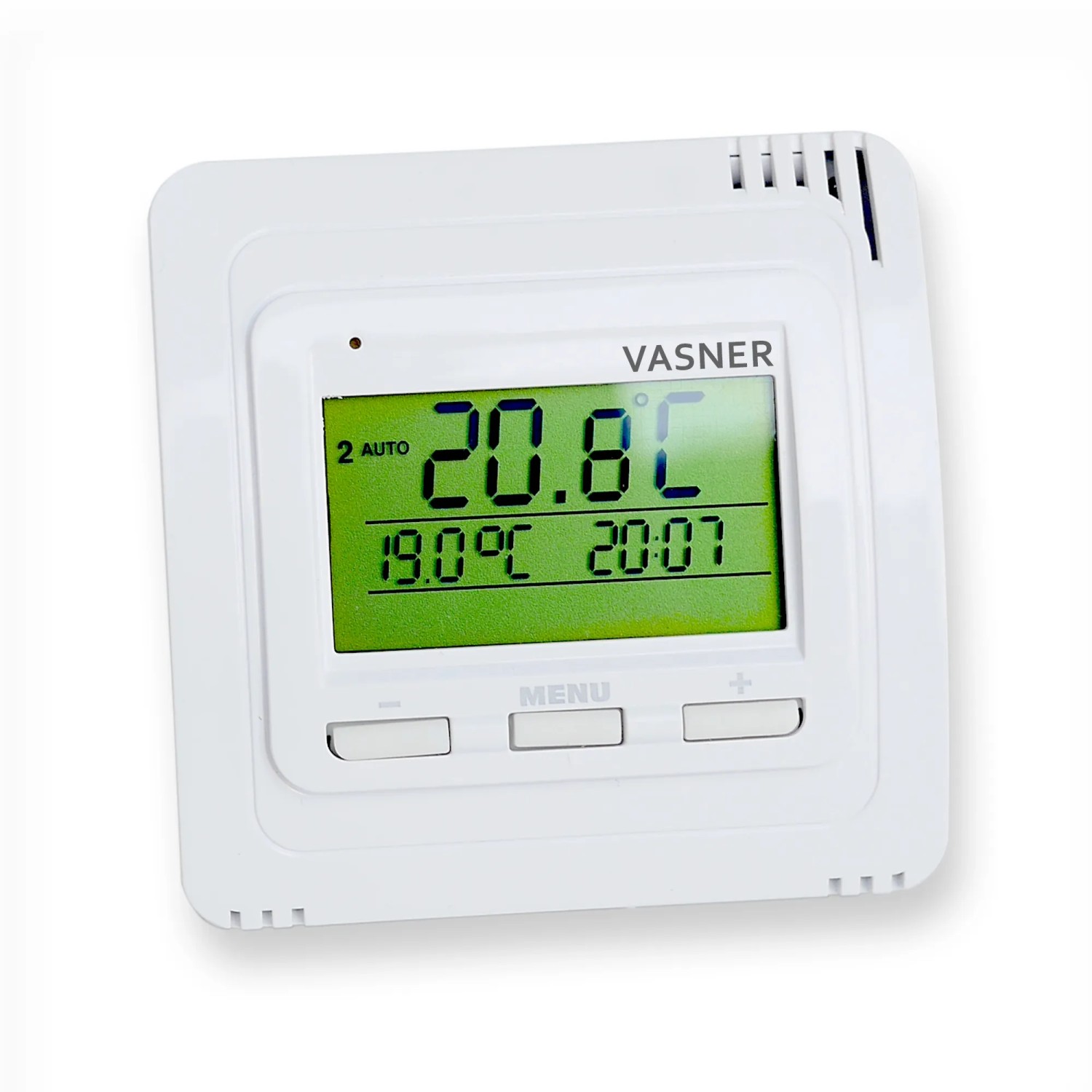 Vasner Funkthermostat mit Sender und Steckdosenempfänger, weiße Ausführung.