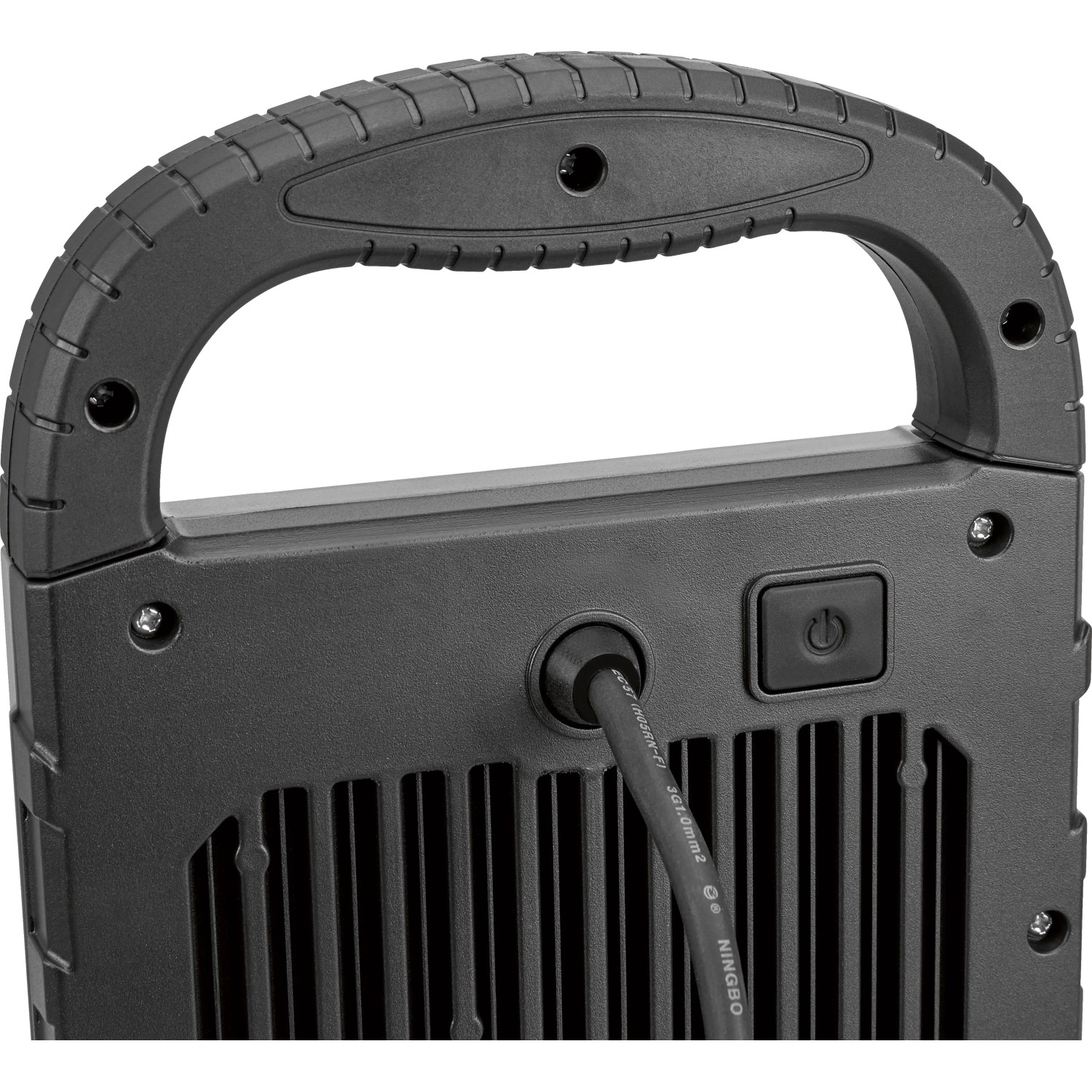 Detailansicht der schwarzen LED Arbeitsleuchte 45W mit Tragegriff, Kabel und An/Aus Schalter.
