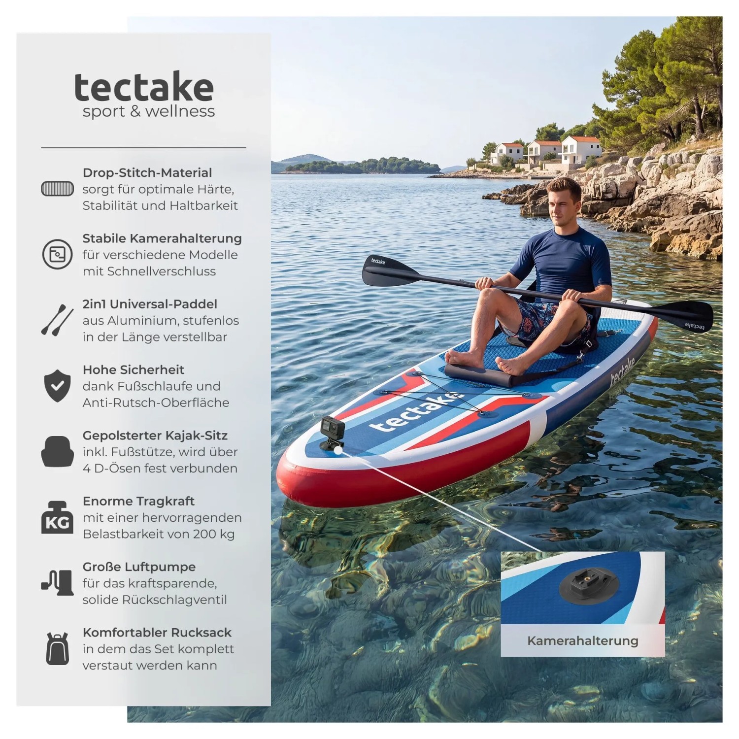 Mann auf blau-rotem Tectake Stand Up Paddle Board mit Kamerahalterung im Wasser. Aufblasbares SUP für Wassersport.