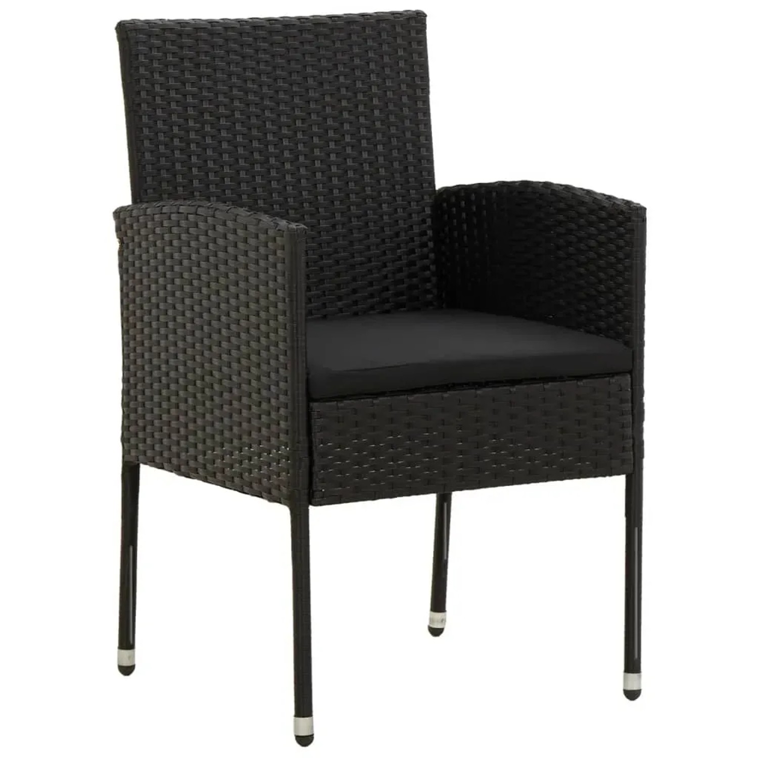 Schwarzer vidaXL Gartenstuhl aus Polyrattan mit Sitzkissen, Teil der 3-tlg. Essgruppe.