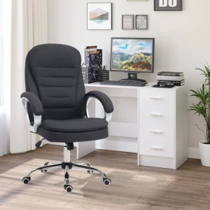 Schwarzer Vinsetto Bürostuhl mit gepolsterter Lehne, Armlehnen, Rollen und Wippfunktion im modernen Büro.